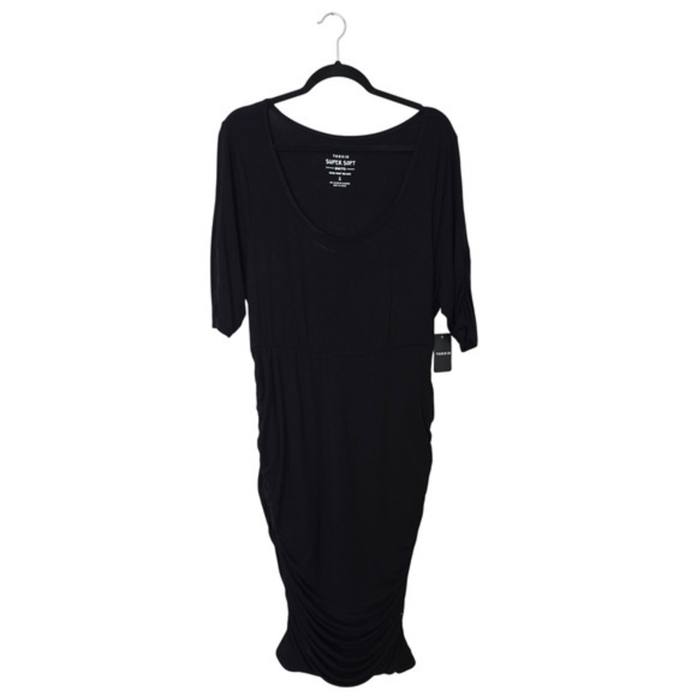 Torrid Dress Women 1 Black NWT Super Soft Ruched Knit Scoop Neck Midi Bodycon - Picture 2 of 7